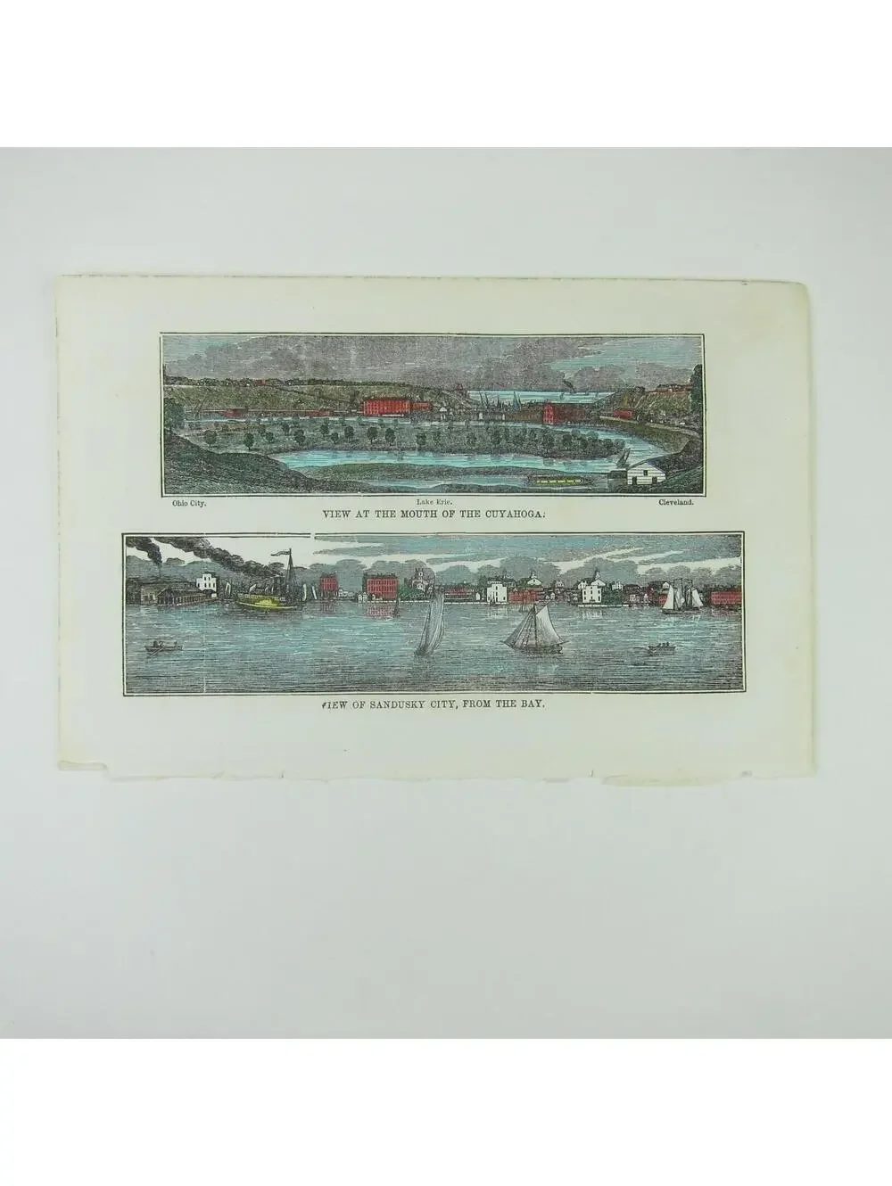 Engraving Print Ohio Cuyahoga River, Sandusky City Bay Hand Colored Antique 1847